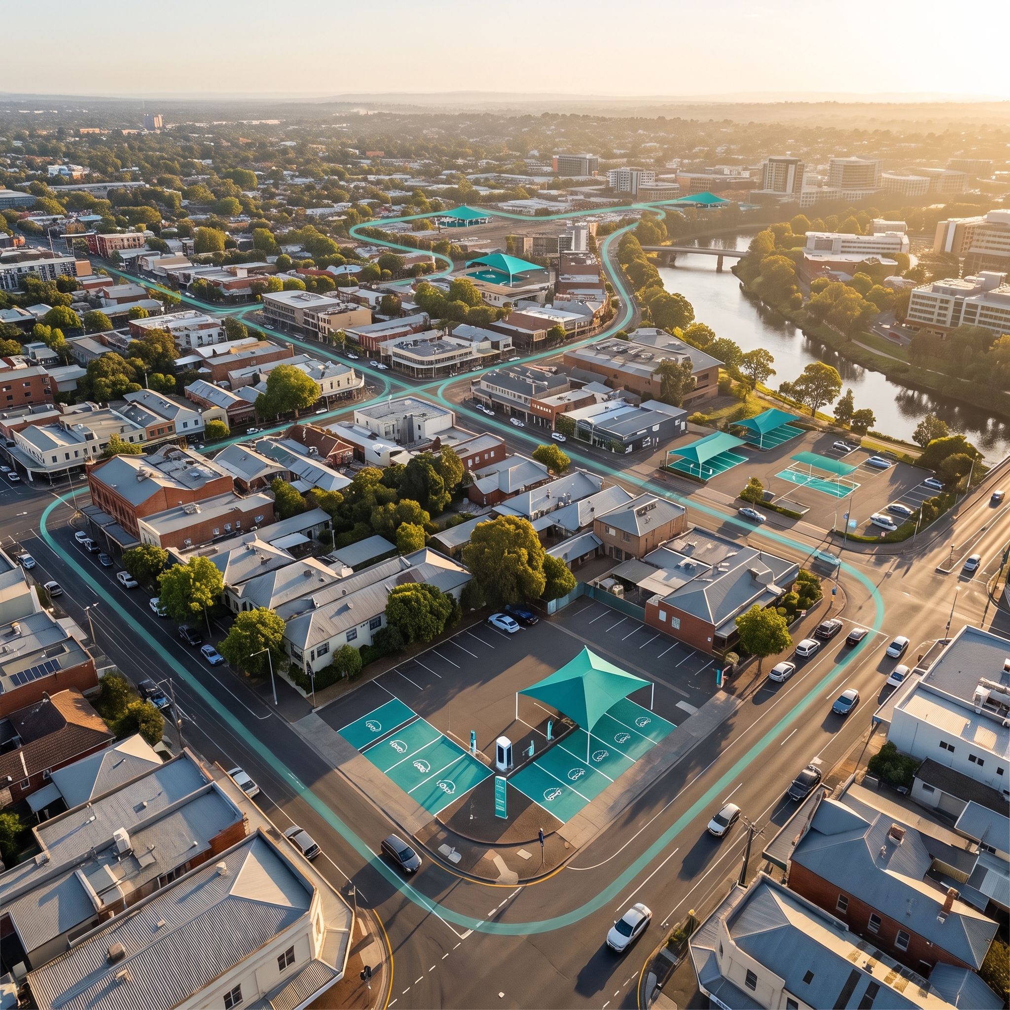 Aerial view of a city block with XoomPark pit stop nodes distributed across the operating zone